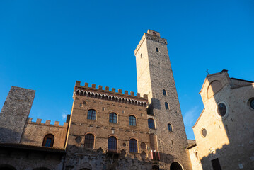 Streets and buildings of little ancient town of San Gimignano, Tuscany, along via Francigena