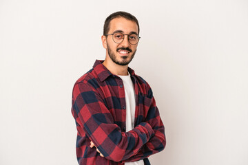 Young caucasian man isolated on white background happy, smiling and cheerful.