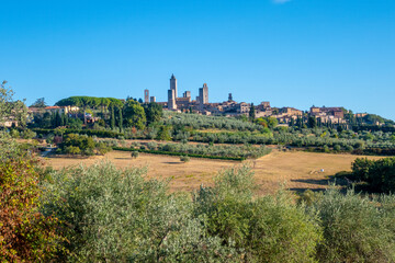 Colorful skyline of little ancient town of San Gimignano, Tuscany, along via Francigena