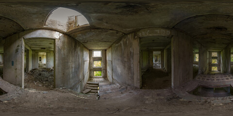 Fototapeta na wymiar Spherical 360 degree panorama of abandoned building with ragged walls and rubbish on floor on landing. Full equirectangular projection for virtual reality or VR.