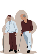 Vector isolate flat design of Two elderly men, one wearing glasses and a hat,another bald person, wearing a sweater and trousers, was walking and talking. In both of their hands was a walking stick.