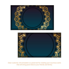 Gradient blue business card template with Indian gold pattern for your contacts.