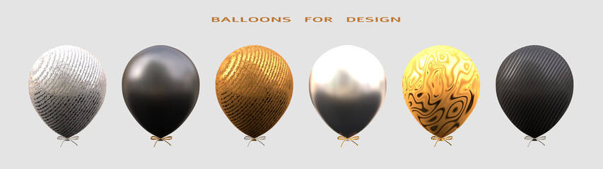 Set of balloons isolated on light grey background. Celebratory template with gold, black and silver balloons. Holiday design. 3d rendering