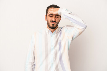 Young caucasian man isolated on white background touching temples and having headache.