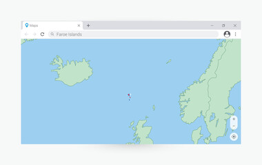 Browser window with map of Faroe Islands, searching  Faroe Islands in internet.