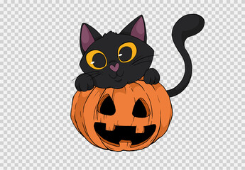 Cute cat hug smile pumpkin isolated  on png or transparent,Happy halloween banner,blank space for text,element template for poster,brochures,online sale marketing  advertising,vector illustration