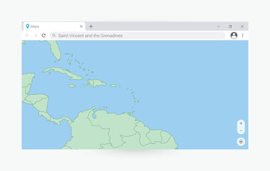 Browser window with map of Saint Vincent and the Grenadines, searching  Saint Vincent and the Grenadines in internet.