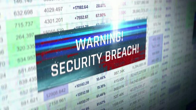 Warning, security breach message against financial background, hacking, theft. Sensitive financial data leak, fraud, stock market under attack