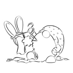 Cute gnome in gnome hat with rabbit costume. Christmas and New Year contour illustration for banner and design. Collection of gnomes. Cartoon style. Colouring book