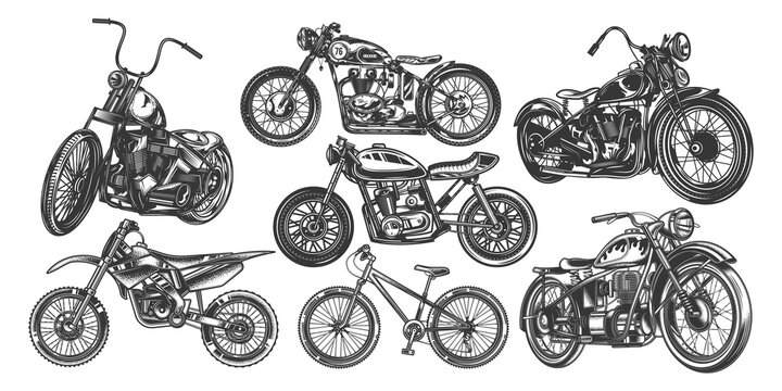 Original vector illustration in vintage style. A set of two-wheeled vehicles.
