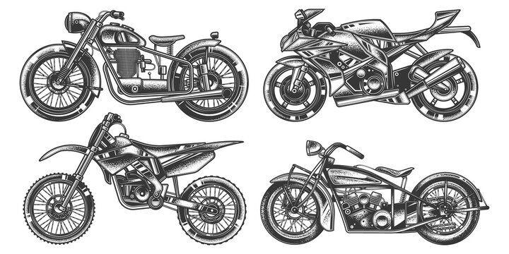 Original vector illustration in vintage style. A set of motorcycles. Sports, mountain, and retro custom motorcycles.