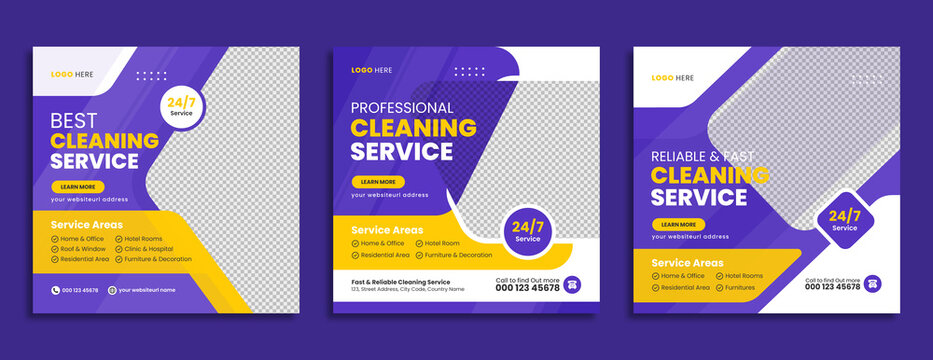 Corporate office and house cleaning service business promotion social media post or web banner template design. Housekeeping, wash, clean or repair service marketing flyer with abstract background.  