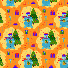 Snowmen colorful seamless pattern. Christmas texture. Vector illustration. Illustration in doodle style. Texture for printing on textiles and printing, for interior decoration.