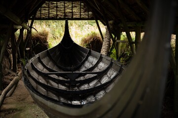 Wooden Viking boat in a Viking boat shed