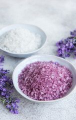 Fototapeta na wymiar Natural herb cosmetic salt with lavender flowers