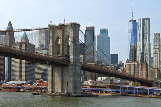 Famous Brooklyn Bridge (1883), hybrid cable-stayed, suspension bridge in background of skyscrapers with One World Trade Center in New York City. United States