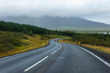 beautiful view of the Icelandic landscape covered in lush green grass and dynamic skies the inspires wanderlust in every traveler.   the scenic nature view show the ecology of the  countryside  