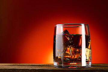 A glass of whiskey or cognac and ice cubes, close-up on a wooden table. Red background with gradient.