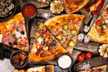 Top view of delicious and crispy pizza. American or Italian pizza. Cooking background concept.