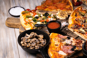 Top view of delicious and crispy pizza. American or Italian pizza. Cooking background concept.