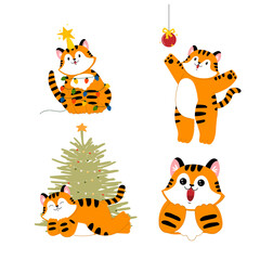 Fototapeta na wymiar Set of new year christmas tiger. Cartoon cute predatory cat. Lion with a Christmas tree, a garland, a ball. Stock vector flat illustration isolated on white background. 