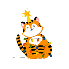 Fototapeta na wymiar christmas tiger with a garland. new year predator cat. cartoon Christmas decoration and a star. stock vector flat illustration on a white background.