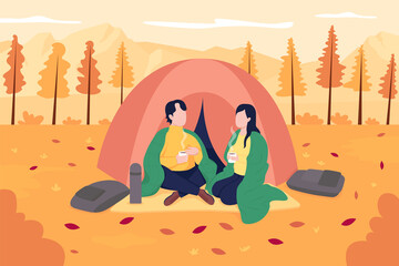 Couple camping in october flat color vector illustration. Recreational activity in november. Autumn relaxation. Happy boyfriend and girlfriend 2D cartoon characters with landscape on background