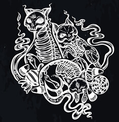 Halloween vector composition with different mystical cats skeleton, candies, background  chalkboard, t-shirt design
