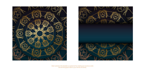 Brochure template with gradient blue color with mandala gold ornament for your design.