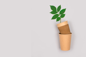 Eco-friendly coffee to go cups - mockup kraft paper cup with green leaves above on light gray background with copy space. Recycled kraft paper packaging and zero waste concept