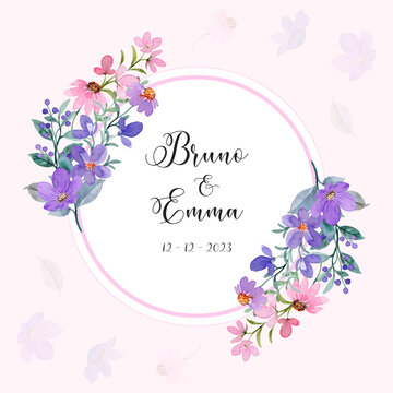 Save the date cute purple pink floral wreath with watercolor