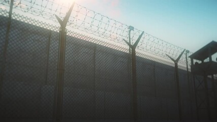 Heavily guarded facility with high walls and barb wire fence, war prisoner camp - Powered by Adobe
