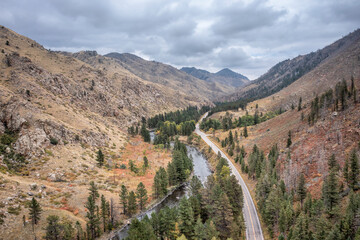 Poudre River Canyon and highway 14 - aerial view of early fall scenery