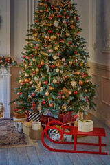Obraz na płótnie Canvas New Year's decor. Christmas tree toys. Christmas tree. Gifts. New Year and Christmas.