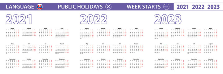 Simple calendar template in Slovak for 2021, 2022, 2023 years. Week starts from Monday.