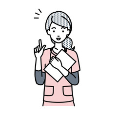 立って書類を手に持って何かひらめいた看護師の女性