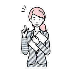 立って書類を手に持って何かひらめいたスーツの女性