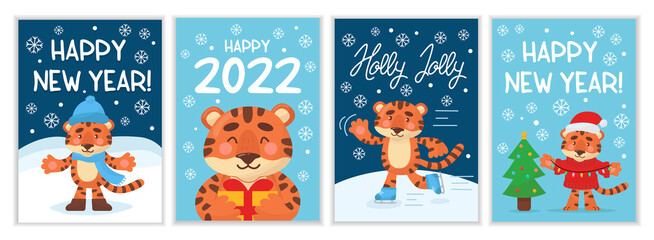 New year 2022 cards. Merry christmas posters with cute tigers and inscription. Happy holidays greeting vector set. 2022 holiday banner graphic, wildlife character illustration.