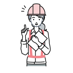 立って書類を手に持って何かひらめいた工事現場の女性