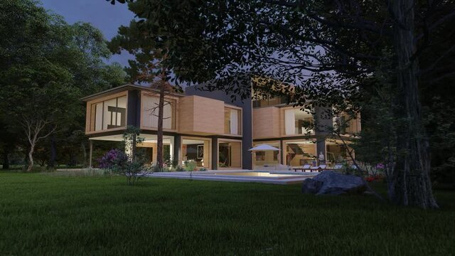 Modern large wooden mansion with roof terrace, pool and garden at night