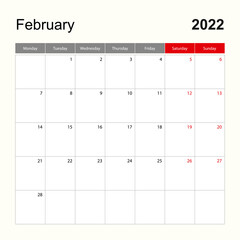 Wall calendar template for February 2022. Holiday and event planner, week starts on Monday.