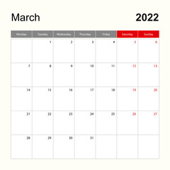 Wall calendar template for March 2022. Holiday and event planner, week starts on Monday.