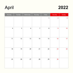 Wall calendar template for April 2022. Holiday and event planner, week starts on Monday.