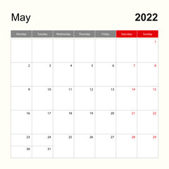 Wall calendar template for May 2022. Holiday and event planner, week starts on Monday.
