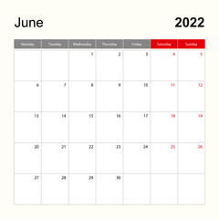 Wall calendar template for June 2022. Holiday and event planner, week starts on Monday.
