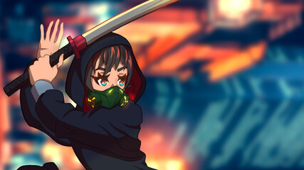Cute anime manga girl in a fighting pose holding a katana in a toxic respirator fire on her shoes katana incandescent HD Desktop Wallpaper - obrazy, fototapety, plakaty