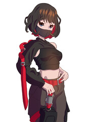 Naklejka premium Cute fighting anime manga girl with short hair in a mask in a top and wide pants with red hair and red belts blue eyes sticker