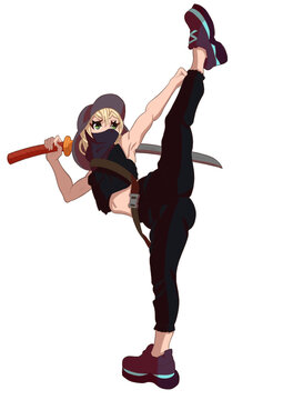 Cute fighting anime manga girl with a katana strikes in a bulletproof vest and sneakers, she has blonde hair and a baseball cap, she is wearing a mask sticker