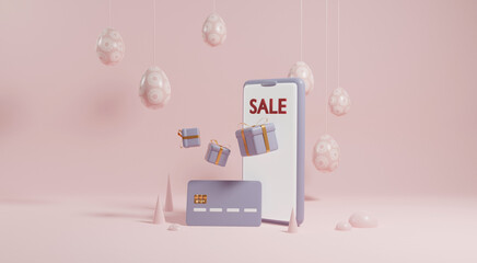 Easter sale presents flies out of mobile phone. 3d render