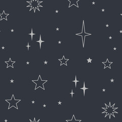 Obraz premium Sky seamless pattern with Mystical and Astrology elements, Space objects, planet, constellation, moon, stars, sun. Astronomy themed background texture. Starry motive.